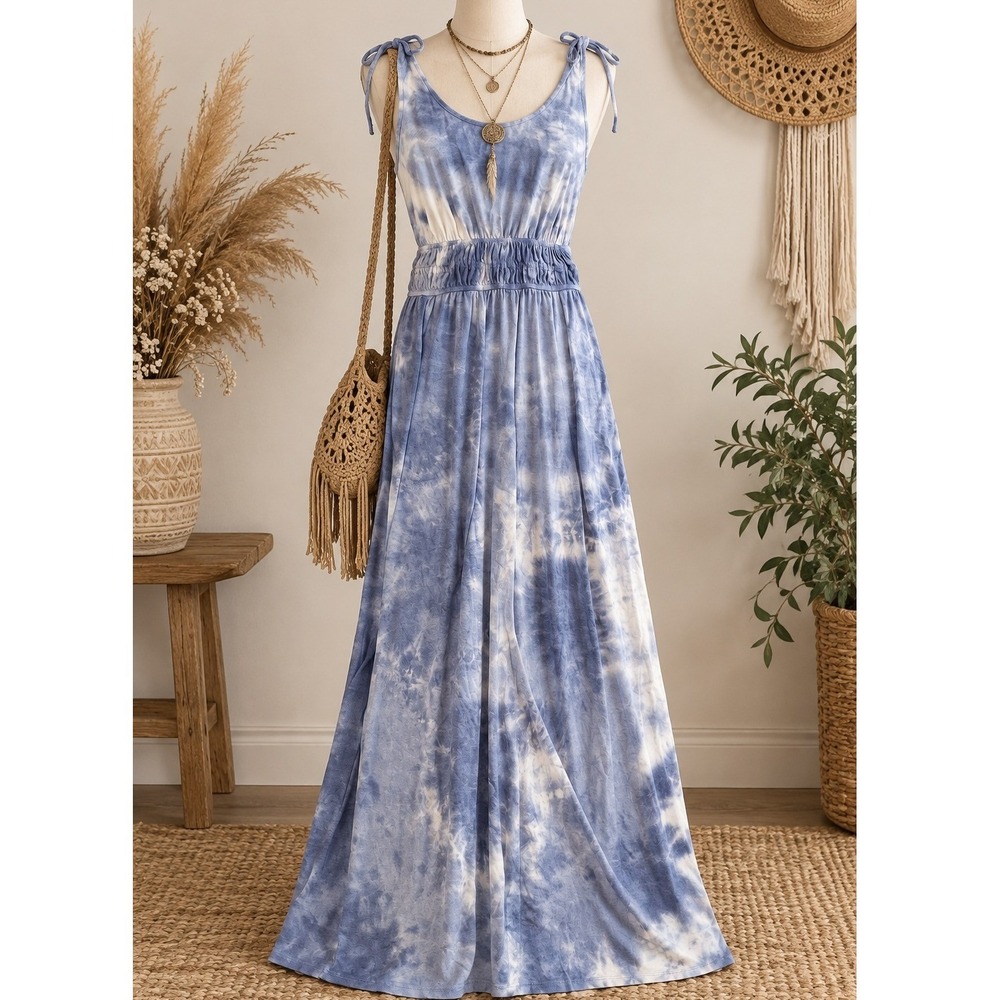 Pink Rose Blue Tie Dye Maxi Dress Smocked Waist Tie Shoulder Small Boho Casual